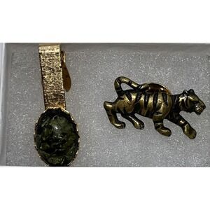 Bundle JJ Tiger Lapel Tack Pin Bronze Tone Tie Clip Green Gem Cluster Gold Tone